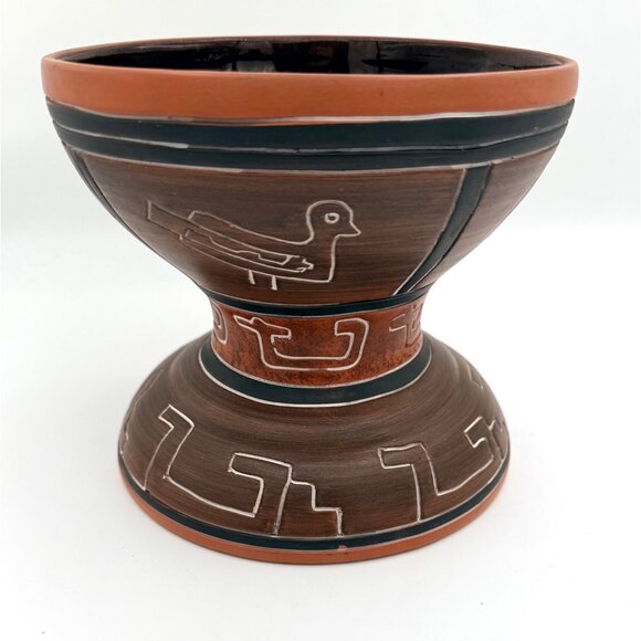 Mexican Terracotta Pottery Vase 6" • Carved Burnished Clay • Rustic Southwest - Picture 2 of 8